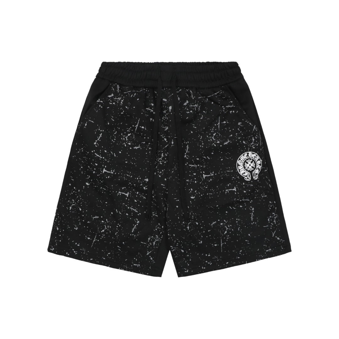 Chrome Hearts Ink Splash Sanskrit Cross Floral Shorts — Black