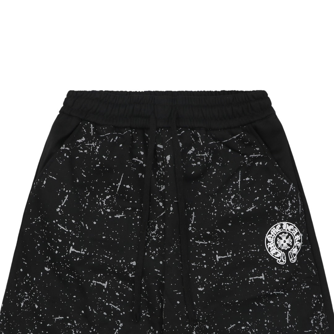Chrome Hearts Ink Splash Sanskrit Cross Floral Shorts — Black
