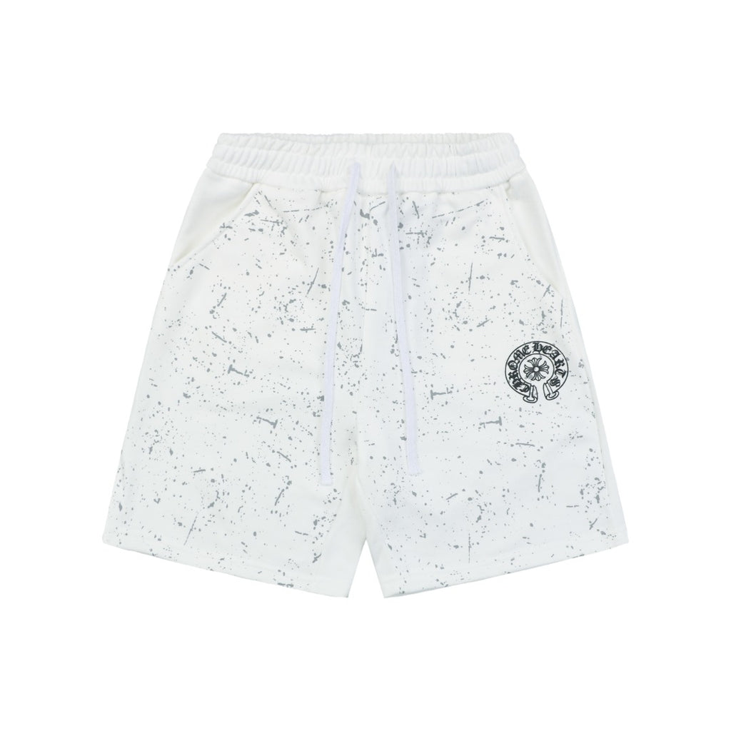 Chrome Hearts Ink Splash Sanskrit Cross Floral Shorts — White
