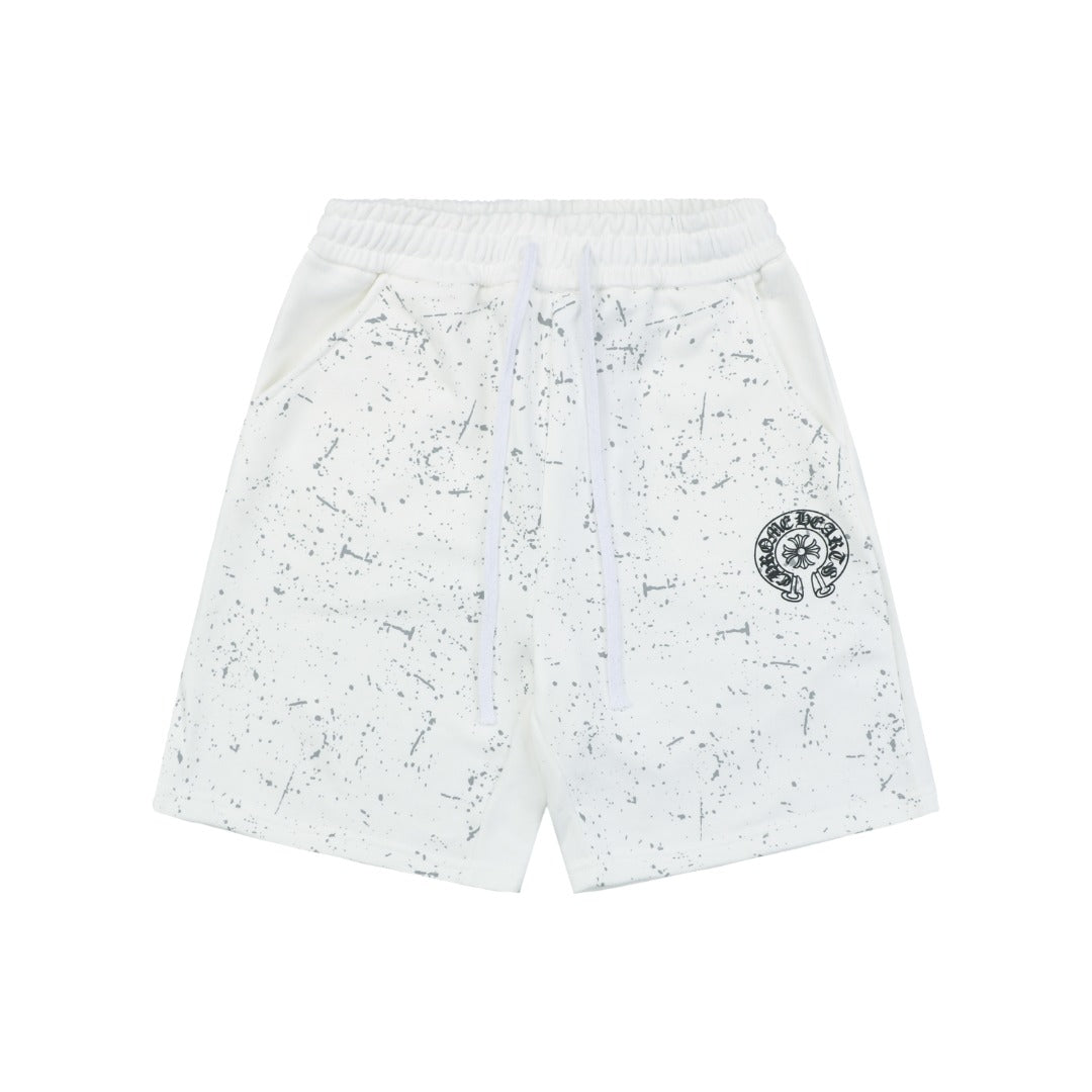 Chrome Hearts Ink Splash Sanskrit Cross Floral Shorts — White