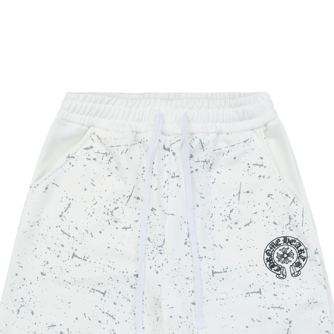 Chrome Hearts Ink Splash Sanskrit Cross Floral Shorts — White