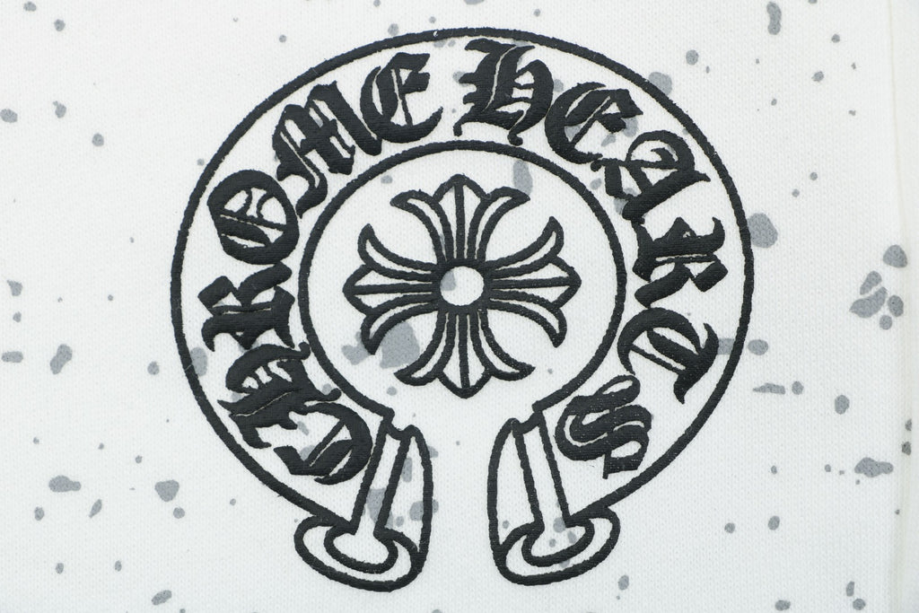 Chrome Hearts Ink Splash Sanskrit Cross Floral Shorts — White