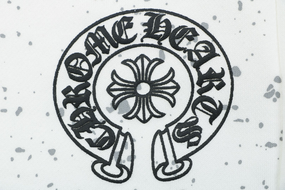 Chrome Hearts Ink Splash Sanskrit Cross Floral Shorts — White