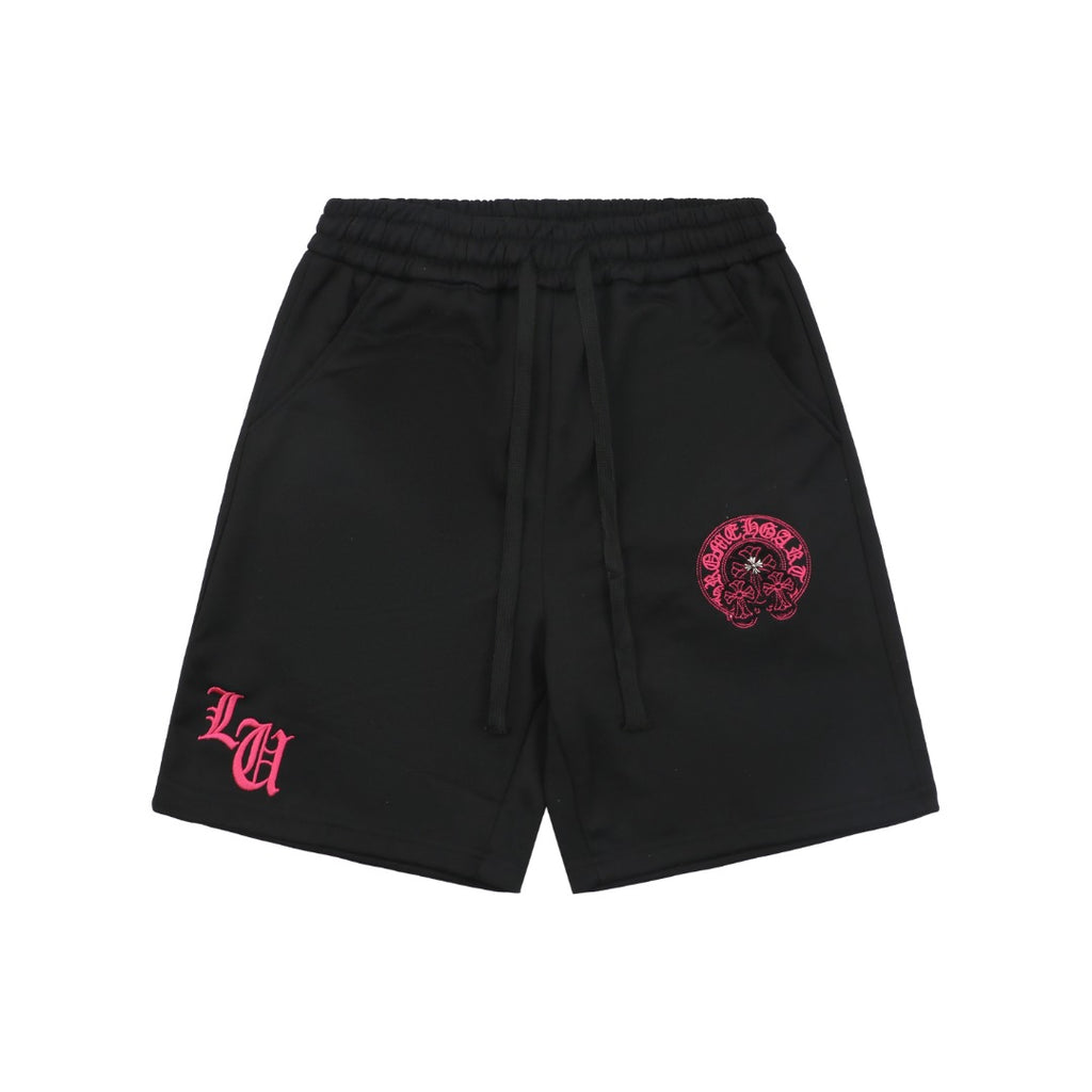 Chrome Hearts Pink Sanskrit Triple Cross Floral Embroidery Shorts — Black
