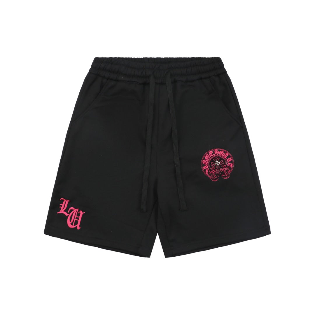 Chrome Hearts Pink Sanskrit Triple Cross Floral Embroidery Shorts — Black