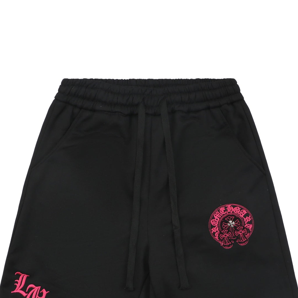 Chrome Hearts Pink Sanskrit Triple Cross Floral Embroidery Shorts — Black