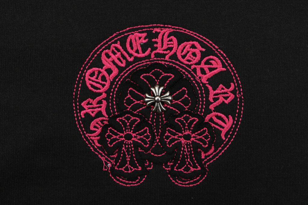 Chrome Hearts Pink Sanskrit Triple Cross Floral Embroidery Shorts — Black