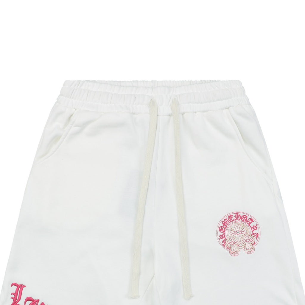 Chrome Hearts Pink Sanskrit Triple Cross Floral Embroidery Shorts — White