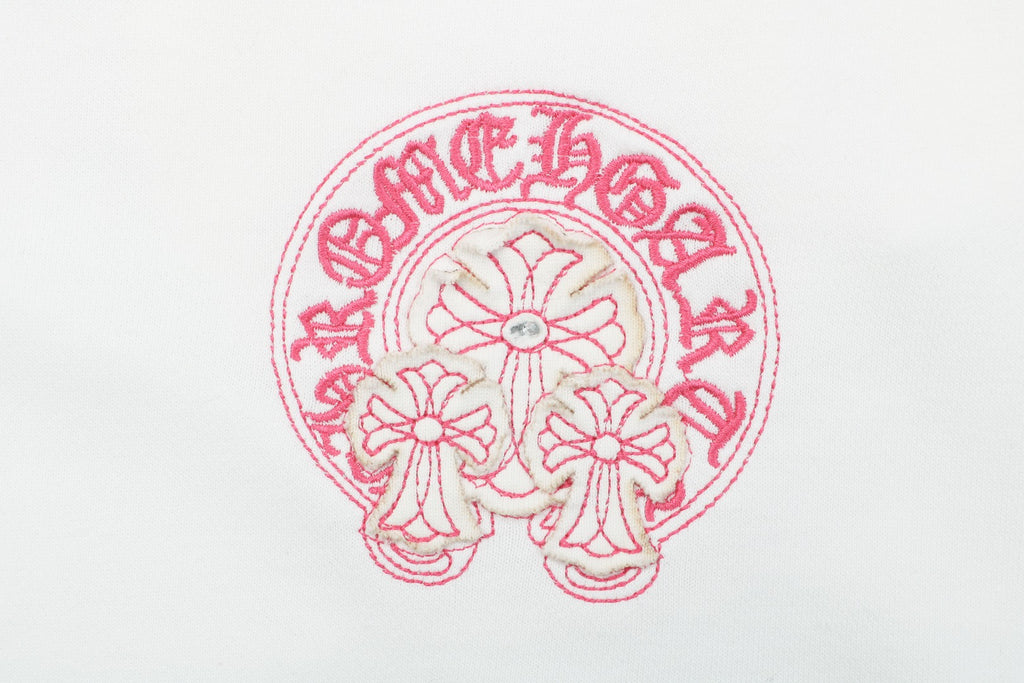 Chrome Hearts Pink Sanskrit Triple Cross Floral Embroidery Shorts — White
