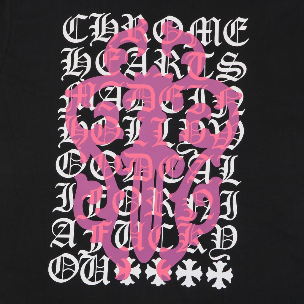 Chrome Hearts Pink Dagger Gothic Text Print Short Sleeve Tee – Black