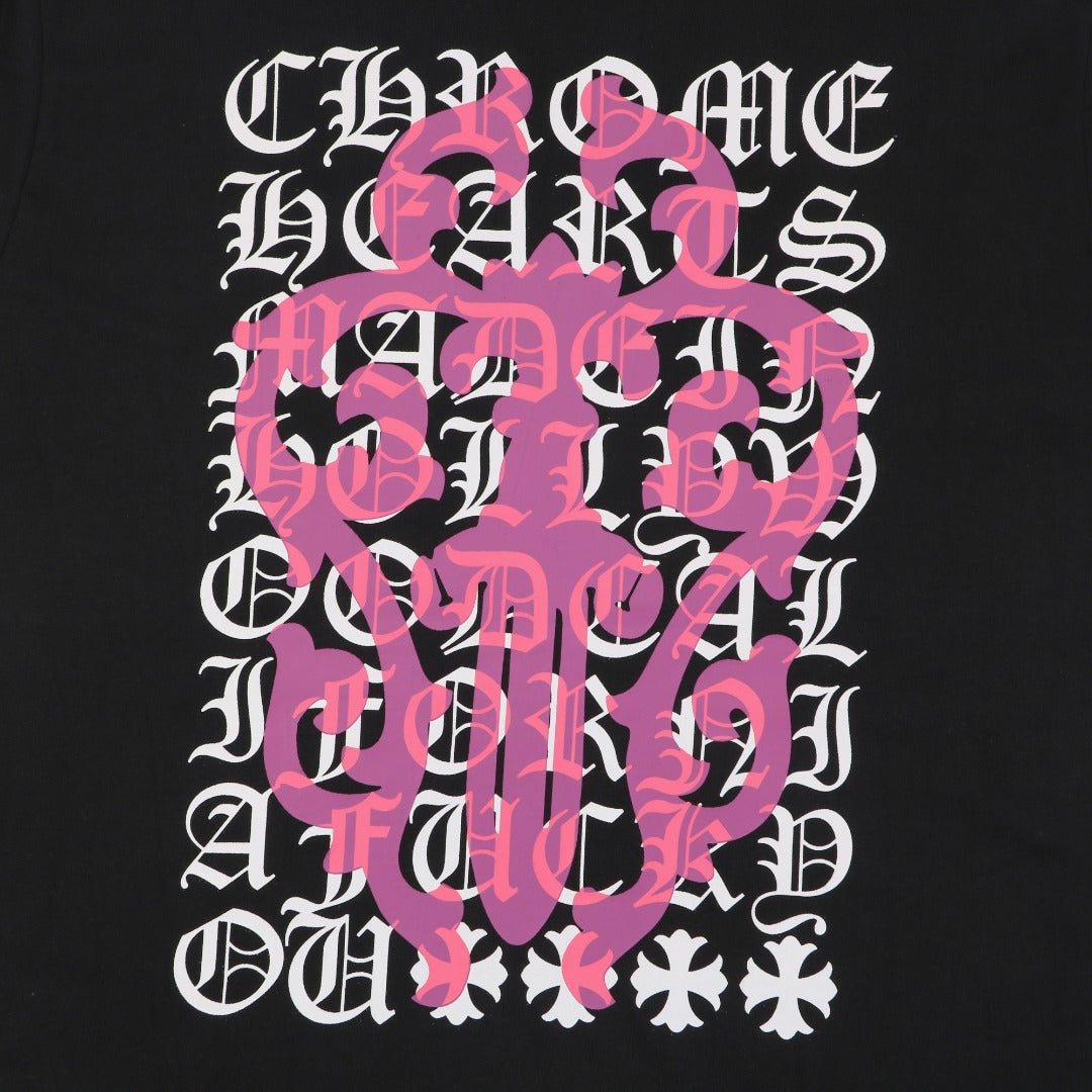 Chrome Hearts Pink Dagger Gothic Text Print Short Sleeve Tee – Black