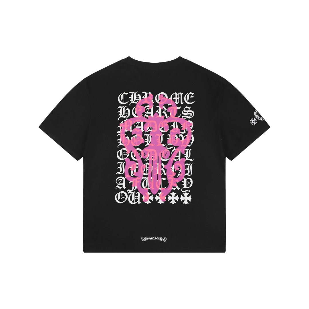 Chrome Hearts Pink Dagger Gothic Text Print Short Sleeve Tee – Black
