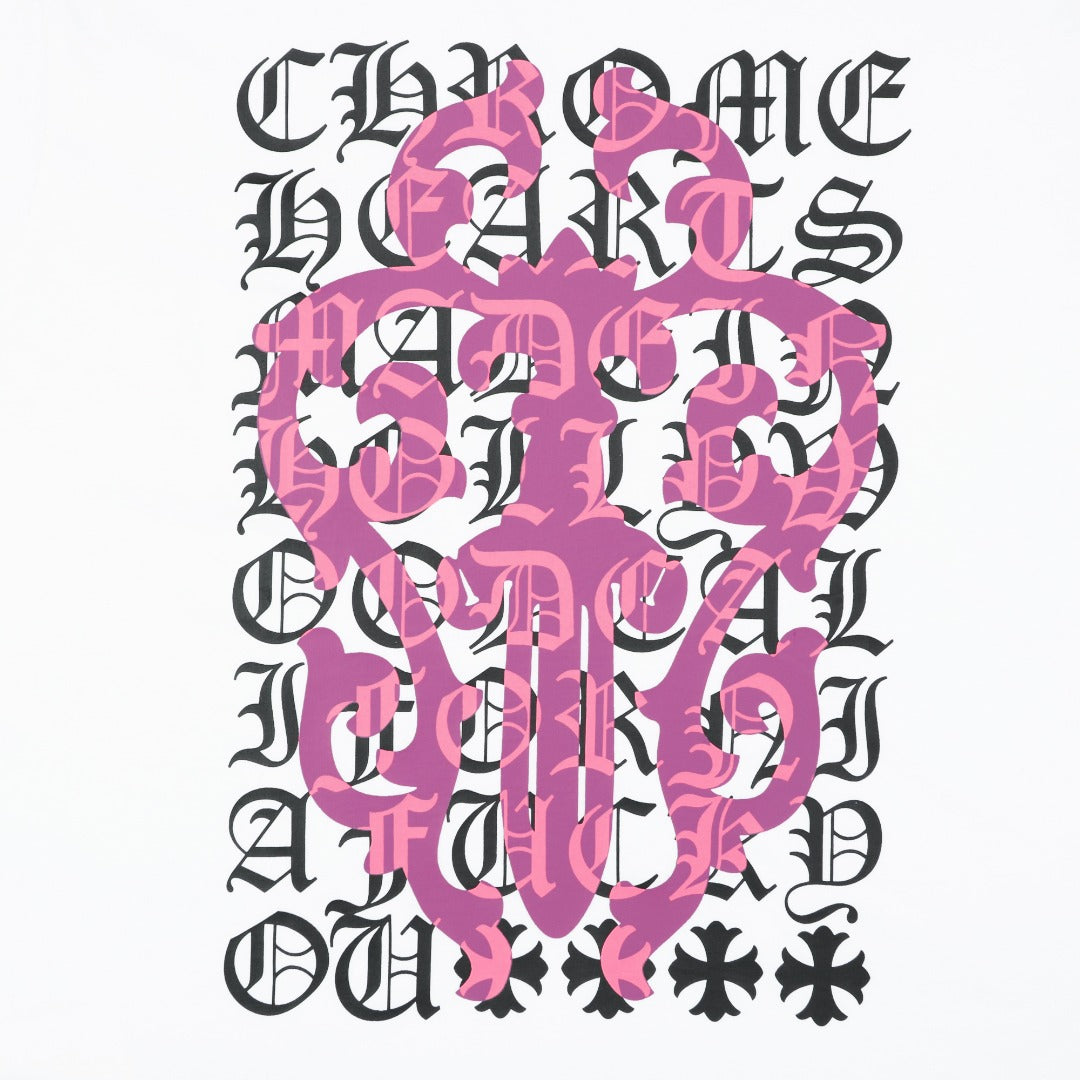 Chrome Hearts Pink Sword Gothic Text Print Short Sleeve Tee – Black