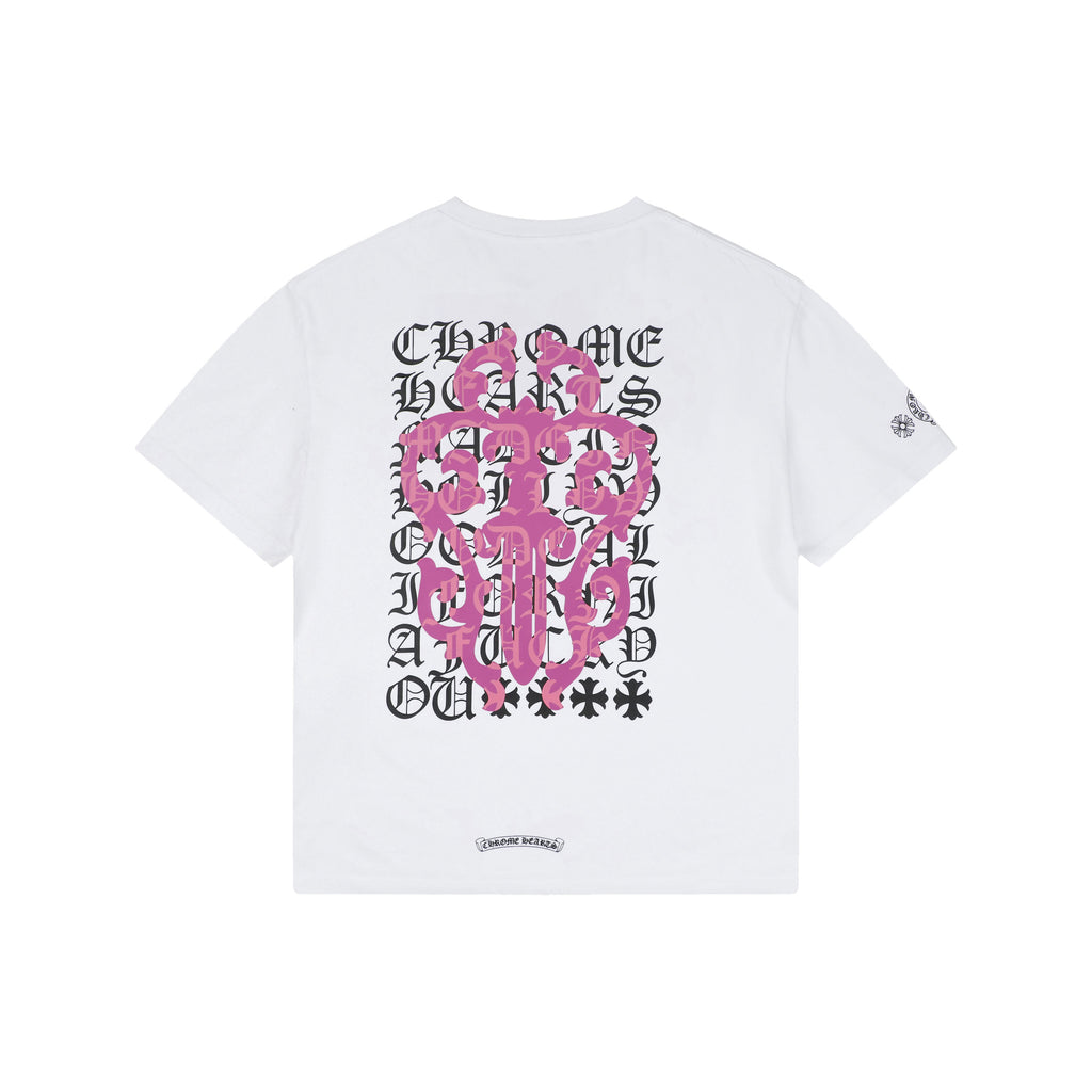 Chrome Hearts Pink Sword Gothic Text Print Short Sleeve Tee – Black