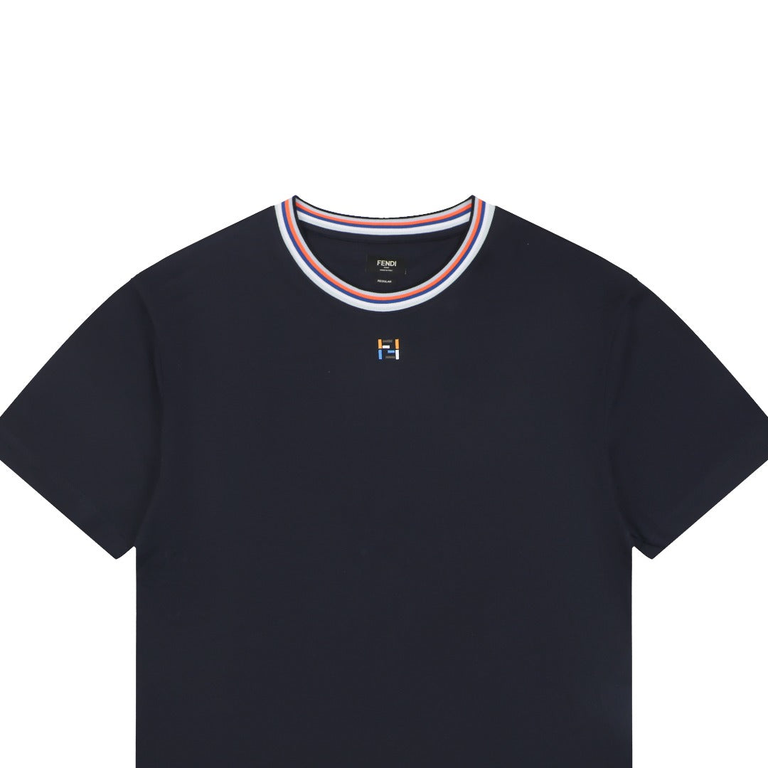 Fendi Colorblock Collar FF Embroidered Short Sleeve Tee – Navy