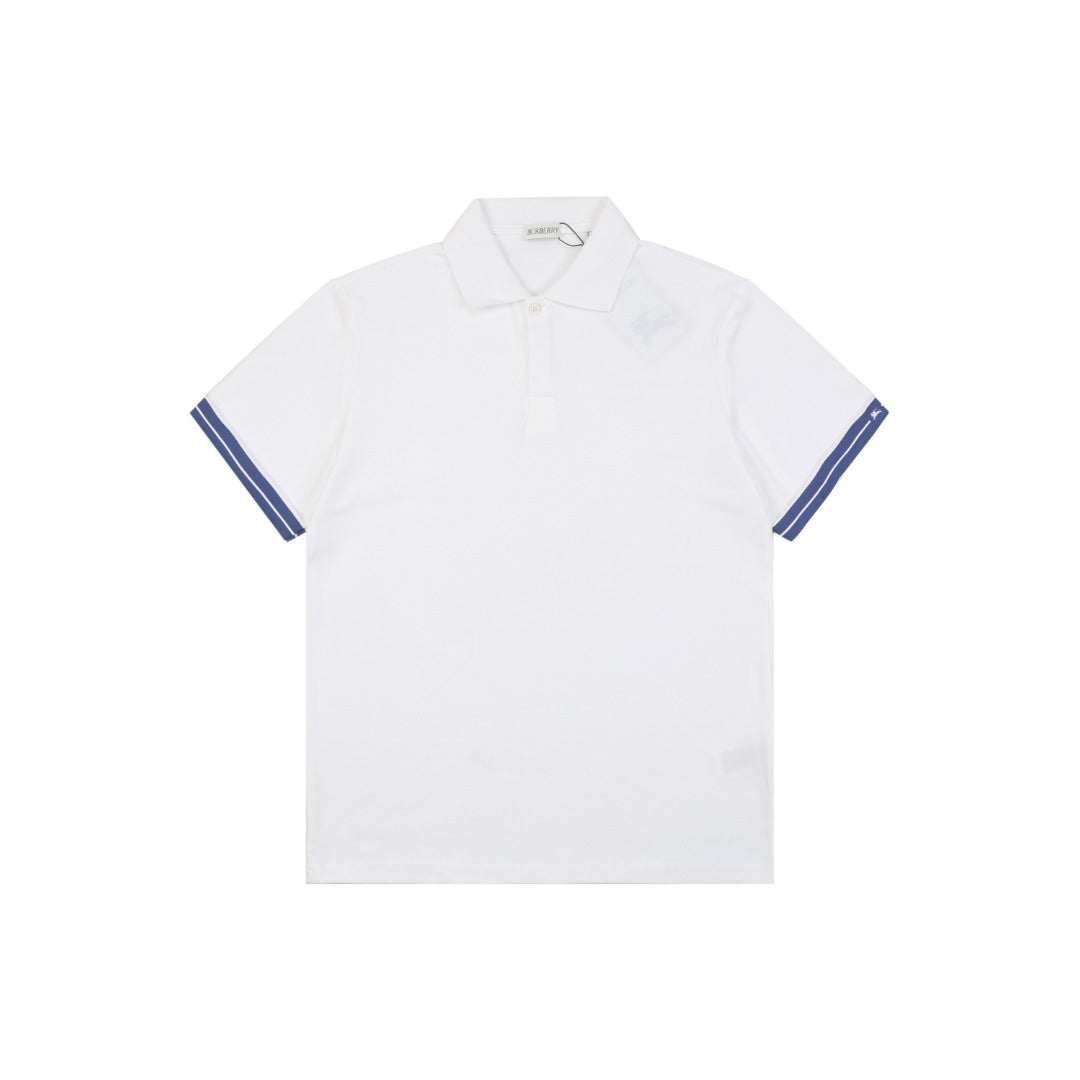 Burberry Striped Cuff Equestrian Knight Polo Shirt – White