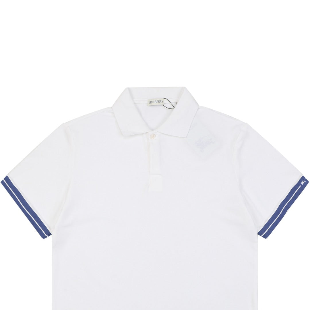 Burberry Striped Cuff Equestrian Knight Polo Shirt – White
