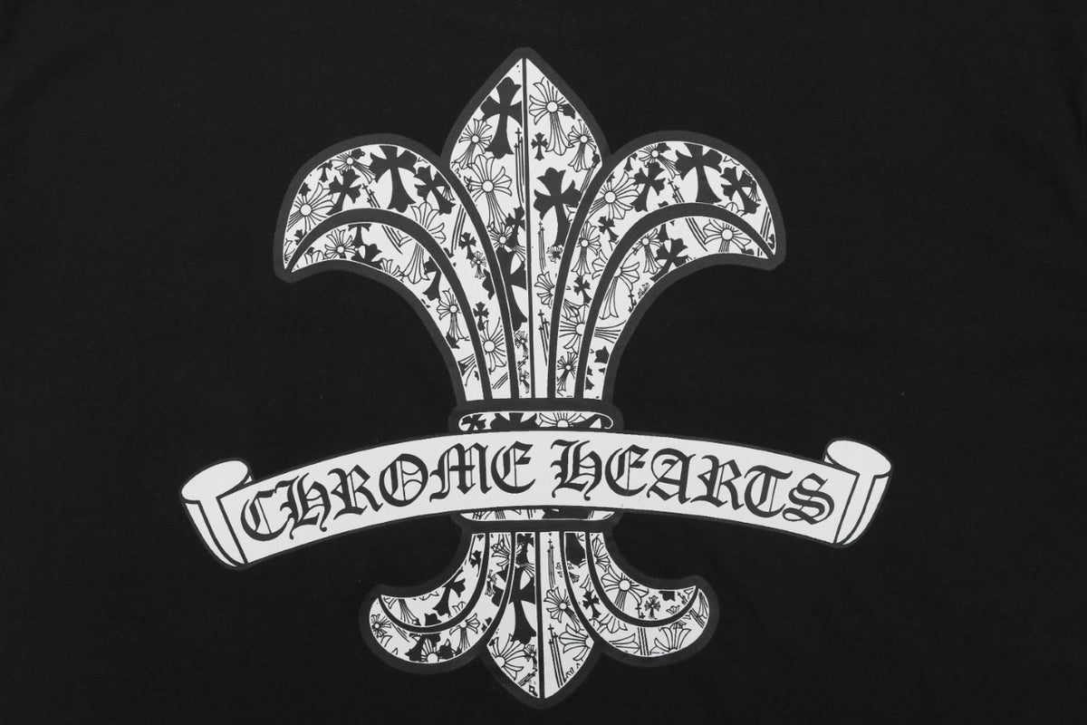 Chrome Hearts Distressed Fleur-de-Lis Sanskrit Print Short Sleeve Tee – Black