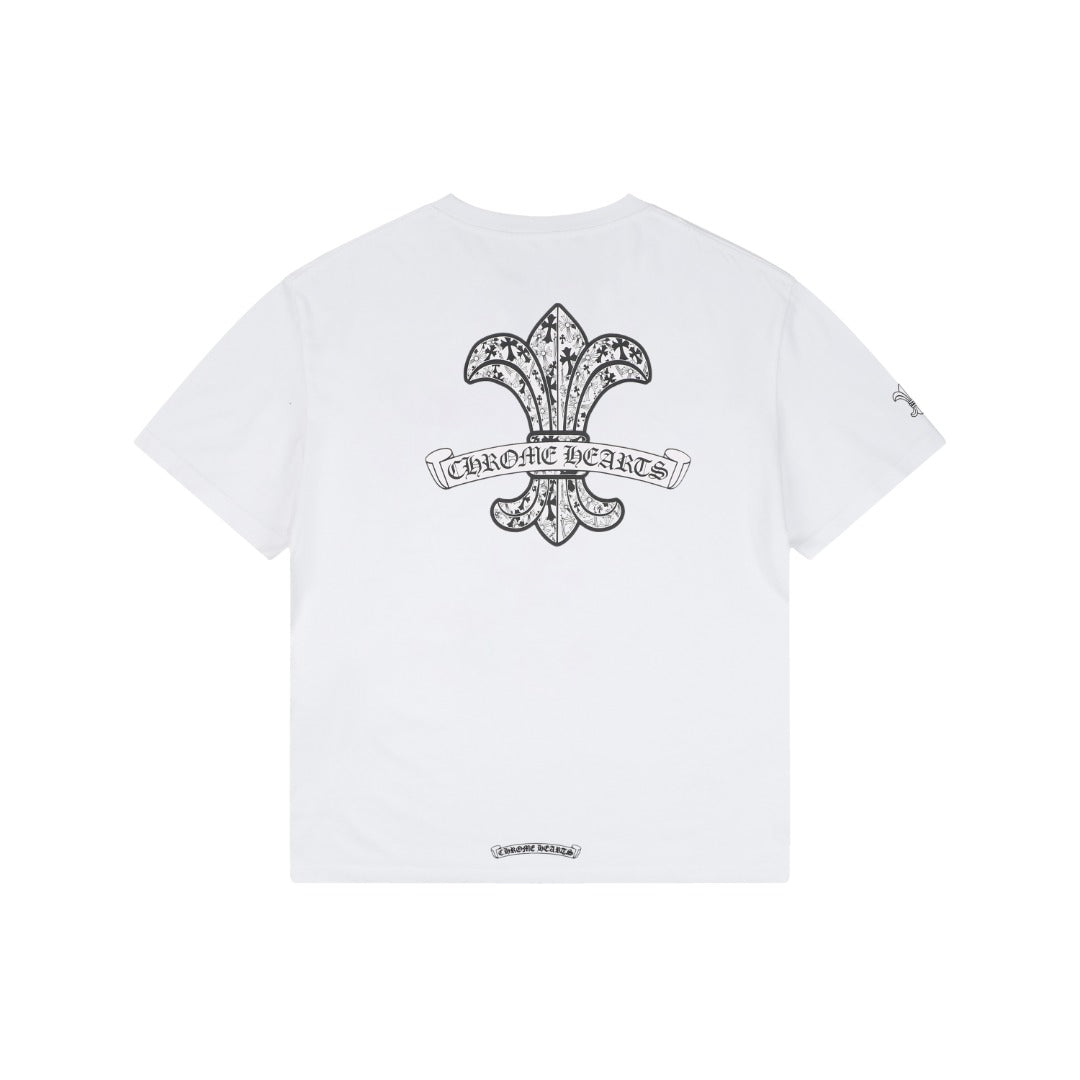 Chrome Hearts Distressed Fleur-de-lis Sanskrit Print Short Sleeve Tee – White