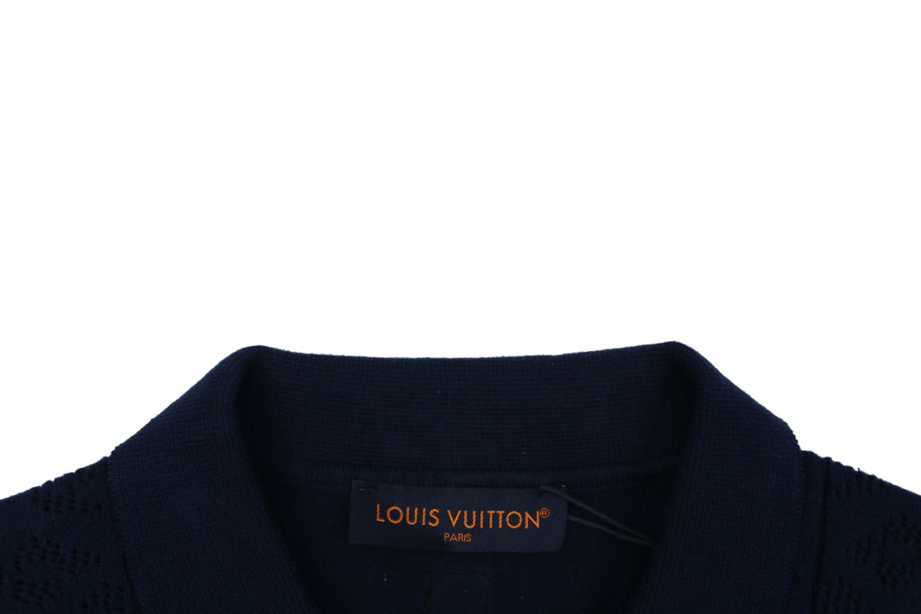 Louis Vuitton Vertical Stripe Monogram Openwork Jacquard Knit Polo – Navy