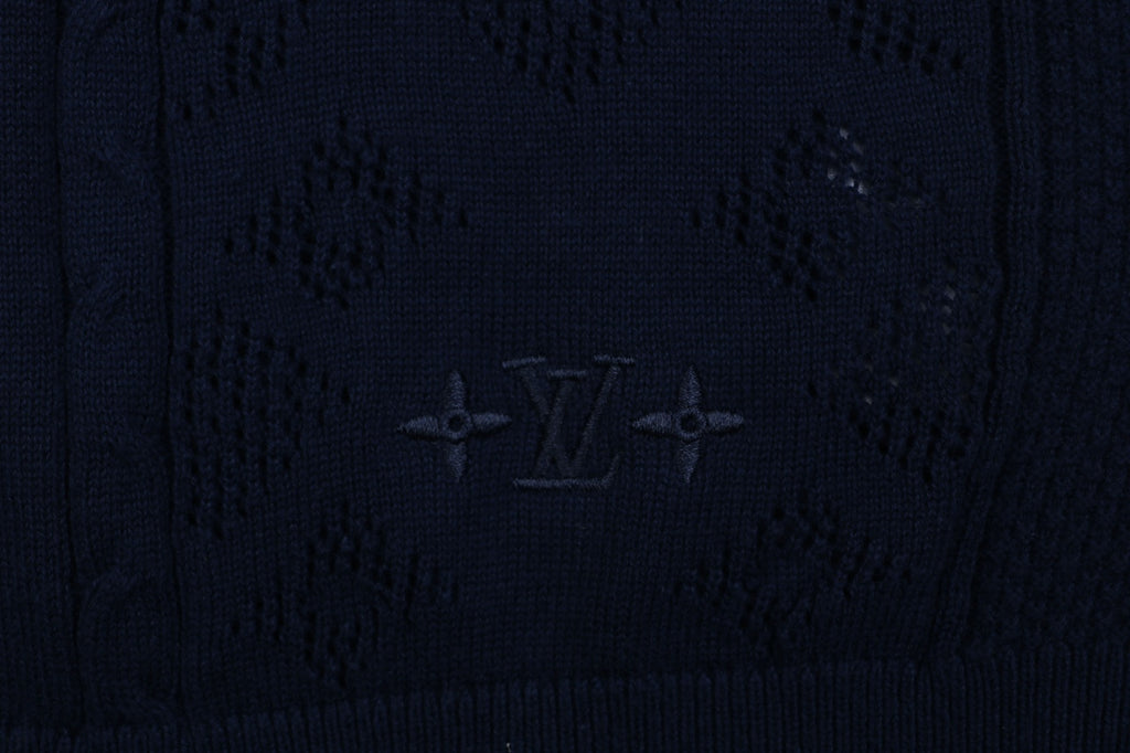 Louis Vuitton Vertical Stripe Monogram Openwork Jacquard Knit Polo – Navy