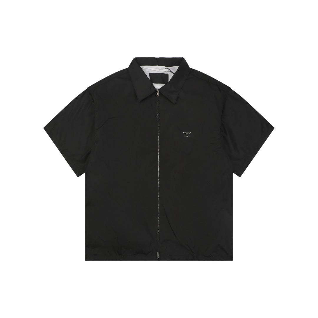 Prada Triangle Logo Nylon Zip Short Sleeve Shirt – Black