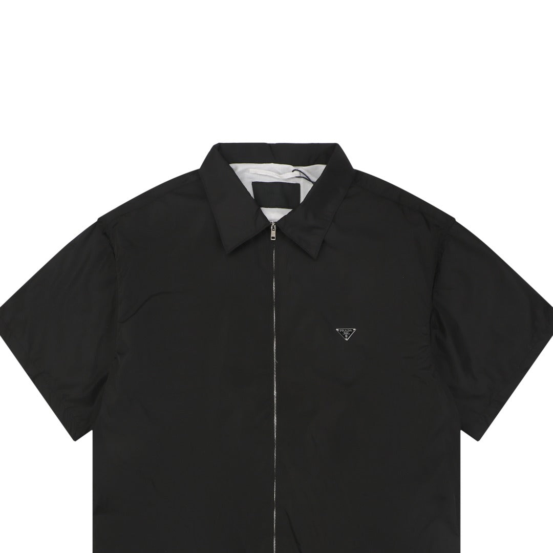 Prada Triangle Logo Nylon Zip Short Sleeve Shirt – Black