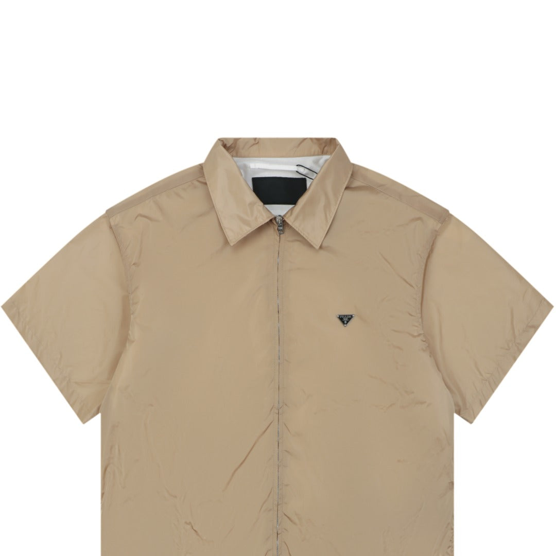 Prada Triangle Logo Nylon Zip Short Sleeve Shirt – Khaki