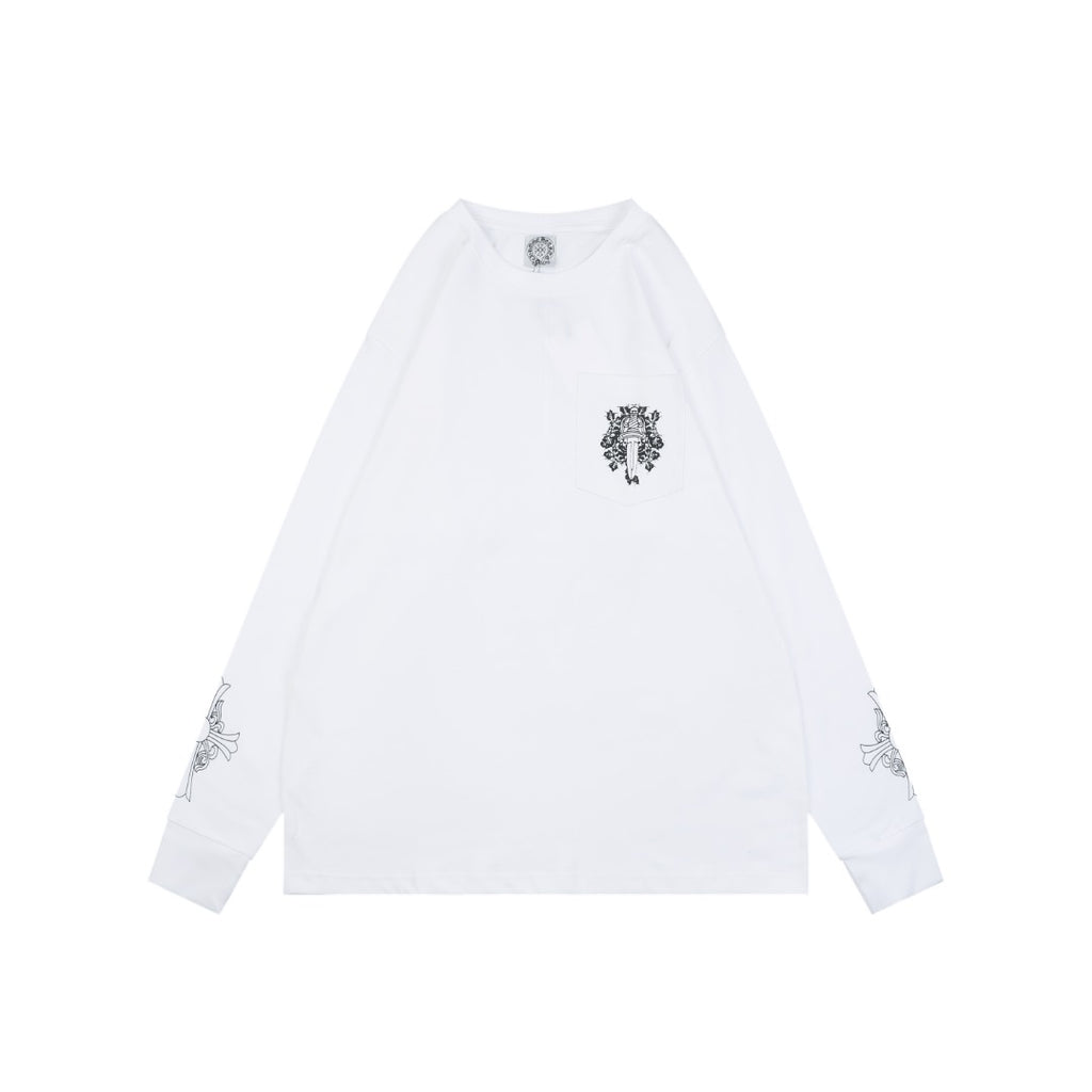 Chrome Hearts Vine Dagger Pocket Print Long Sleeve Tee – White