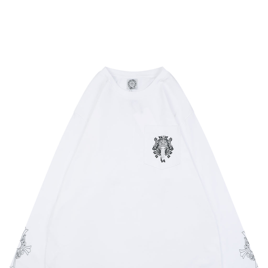 Chrome Hearts Vine Dagger Pocket Print Long Sleeve Tee – White