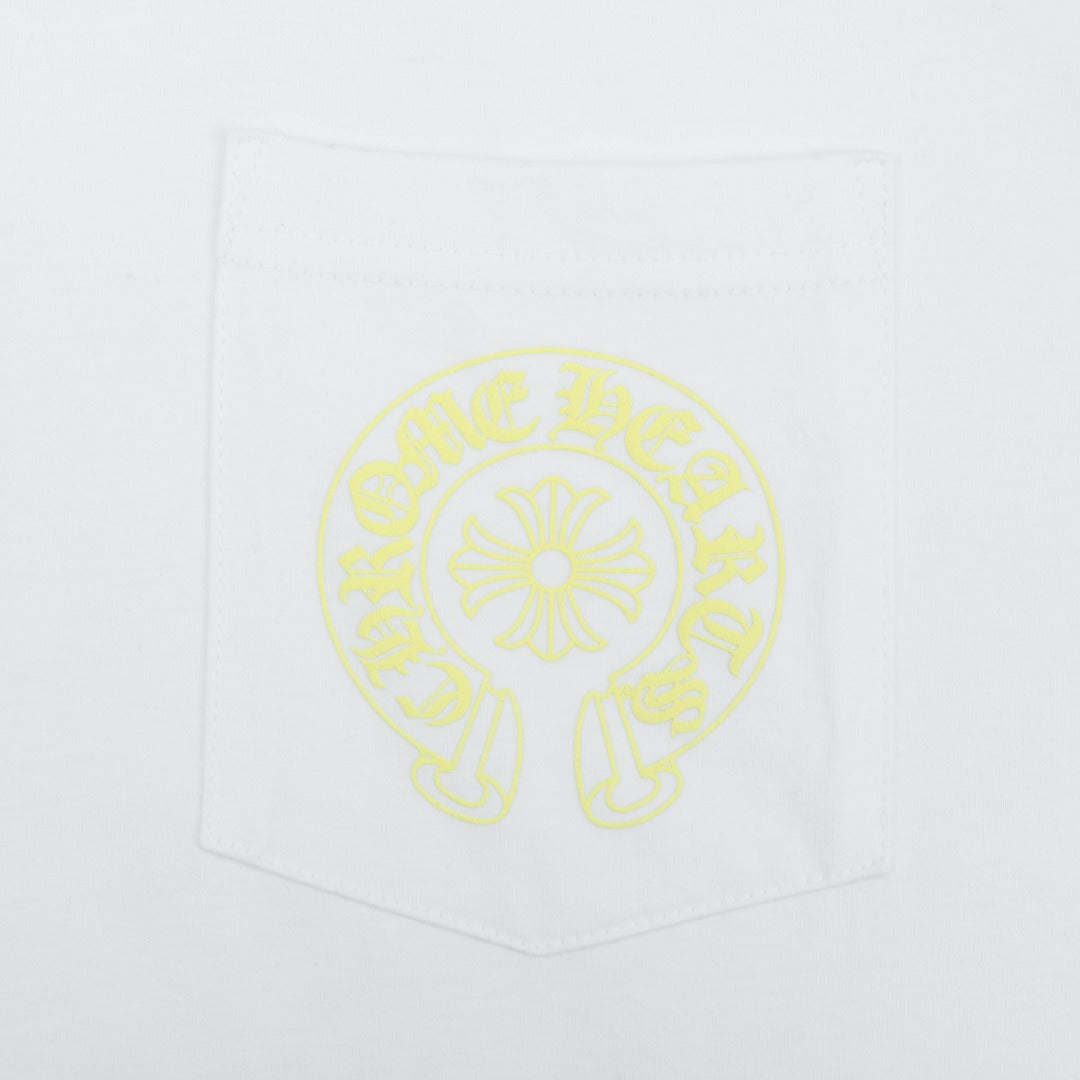 Chrome Hearts Pocket Sanskrit Scroll Print Short Sleeve Tee – White / Lemon Yellow