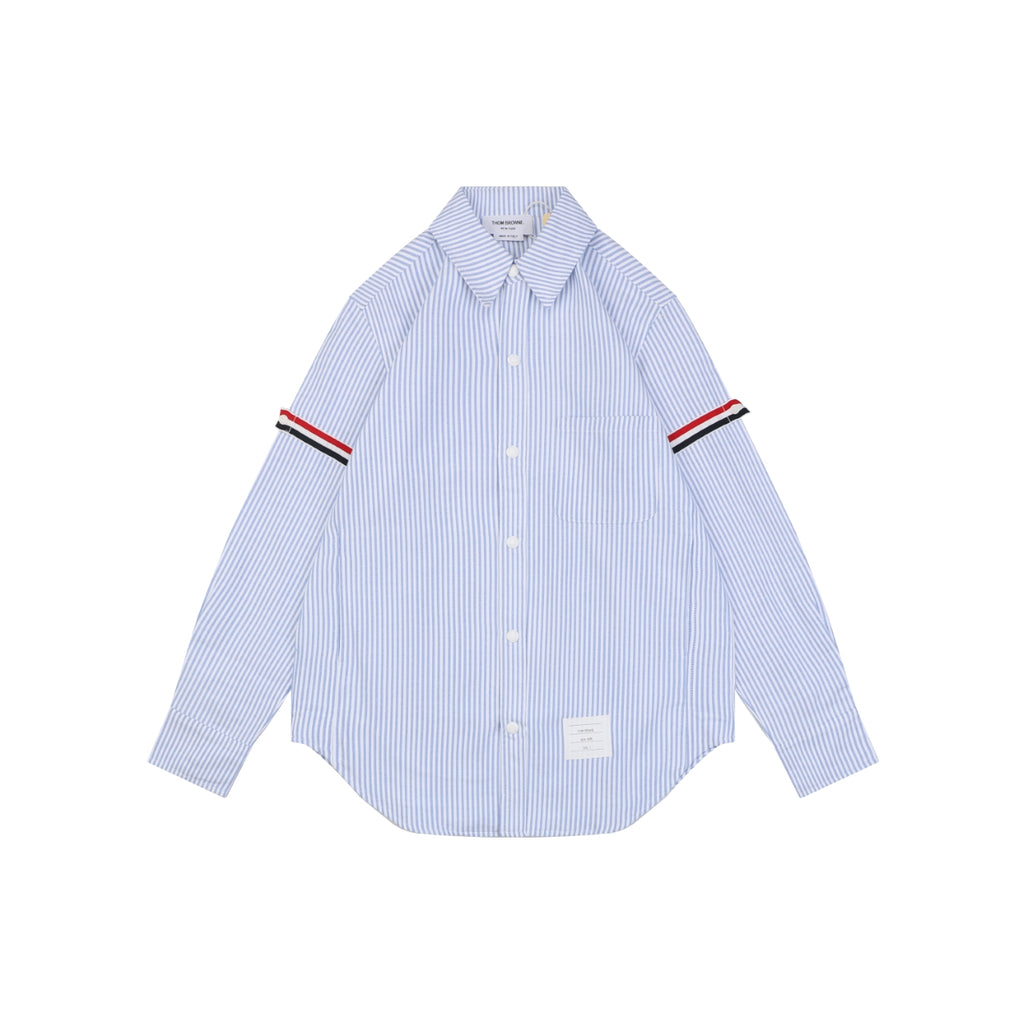 Thom Browne Grosgrain Armband White Button Long Sleeve Shirt – White Blue Stripe