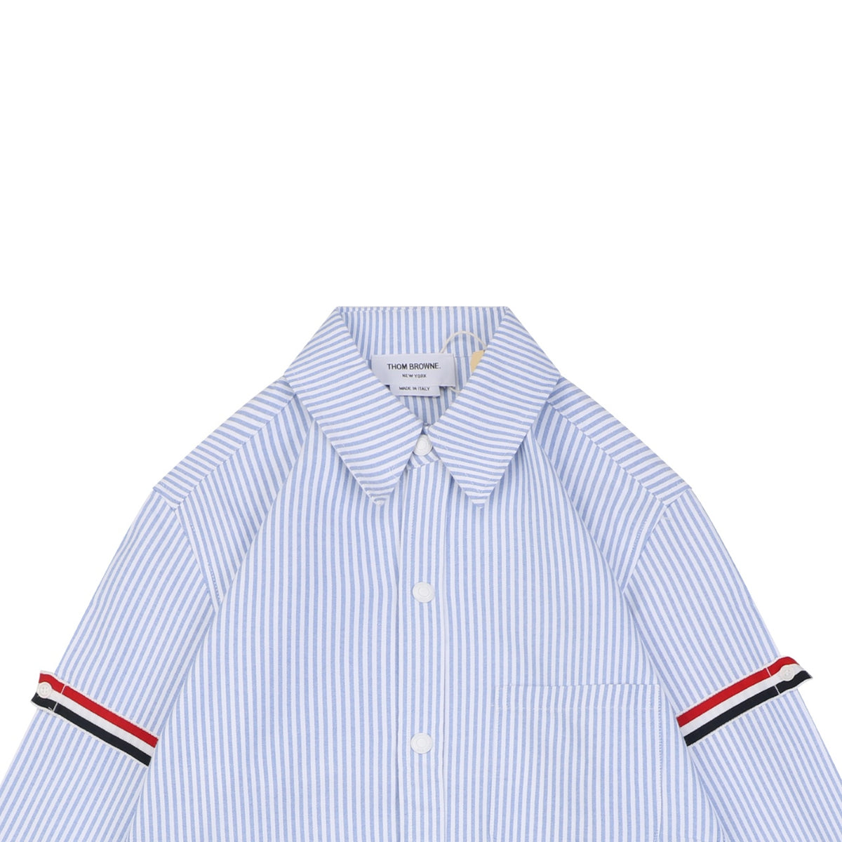Thom Browne Grosgrain Armband White Button Long Sleeve Shirt – White Blue Stripe