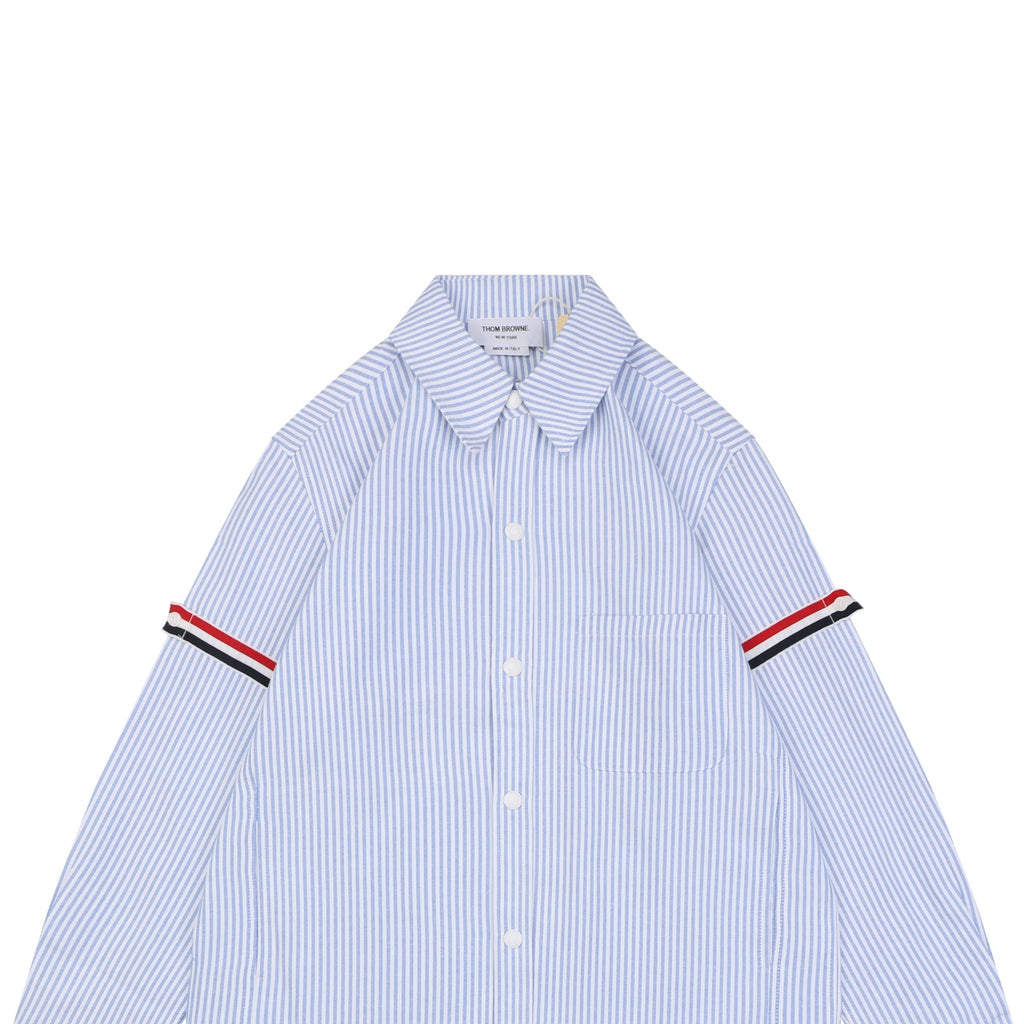 Thom Browne Grosgrain Armband White Button Long Sleeve Shirt – White Blue Stripe