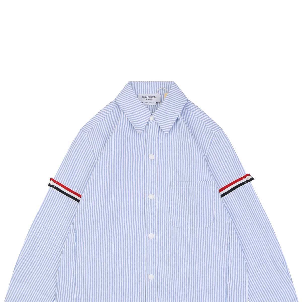 Thom Browne Grosgrain Armband White Button Long Sleeve Shirt – White Blue Stripe