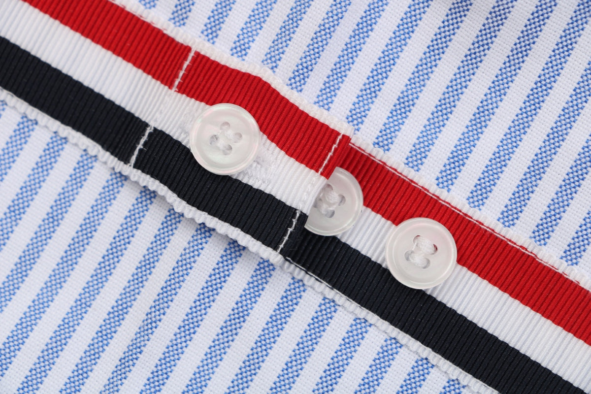 Thom Browne Grosgrain Armband White Button Long Sleeve Shirt – White Blue Stripe