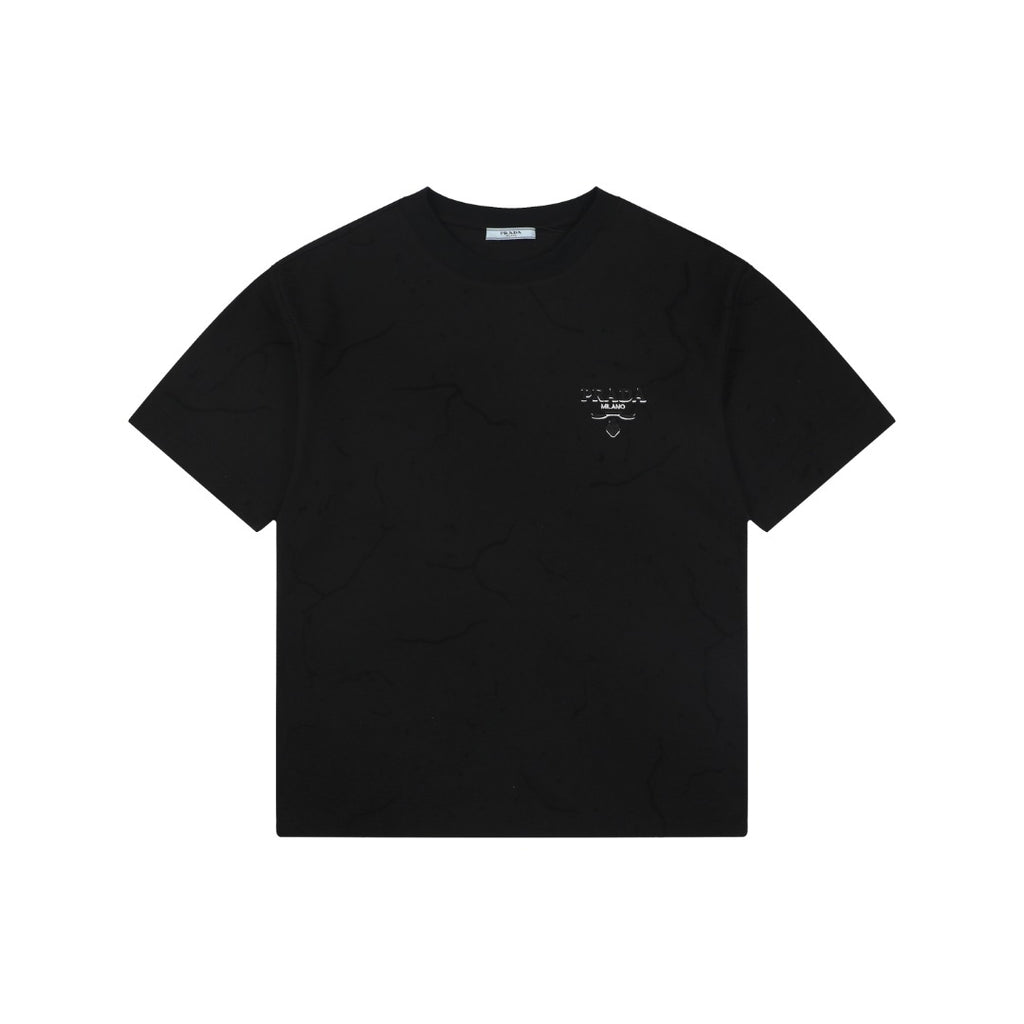 Prada Shadow Logo Triangle Badge Embroidered Short Sleeve Tee – Black