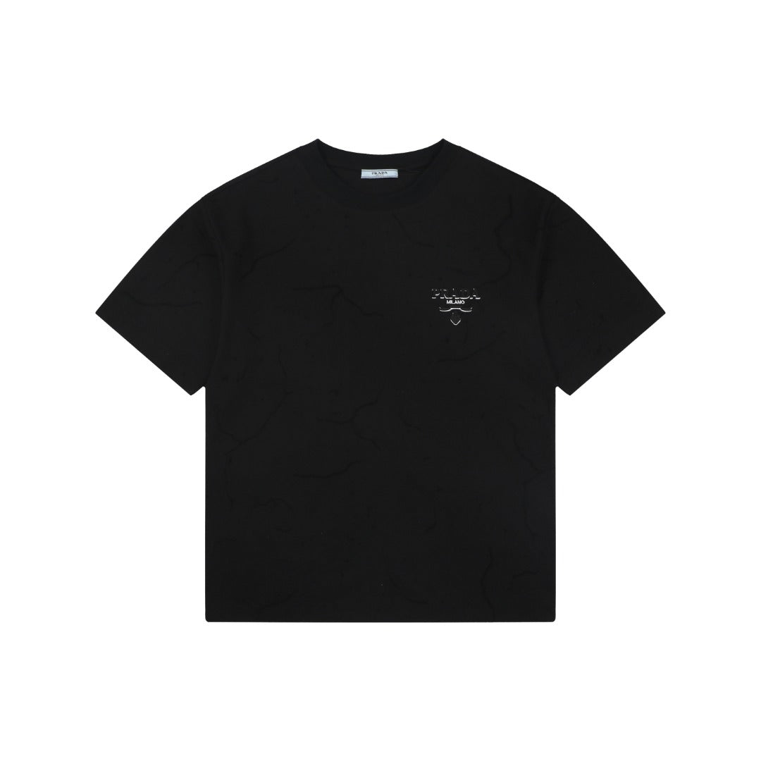 Prada Shadow Logo Triangle Badge Embroidered Short Sleeve Tee – Black