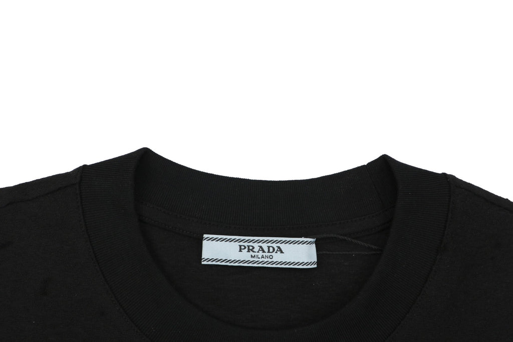 Prada Shadow Logo Triangle Badge Embroidered Short Sleeve Tee – Black
