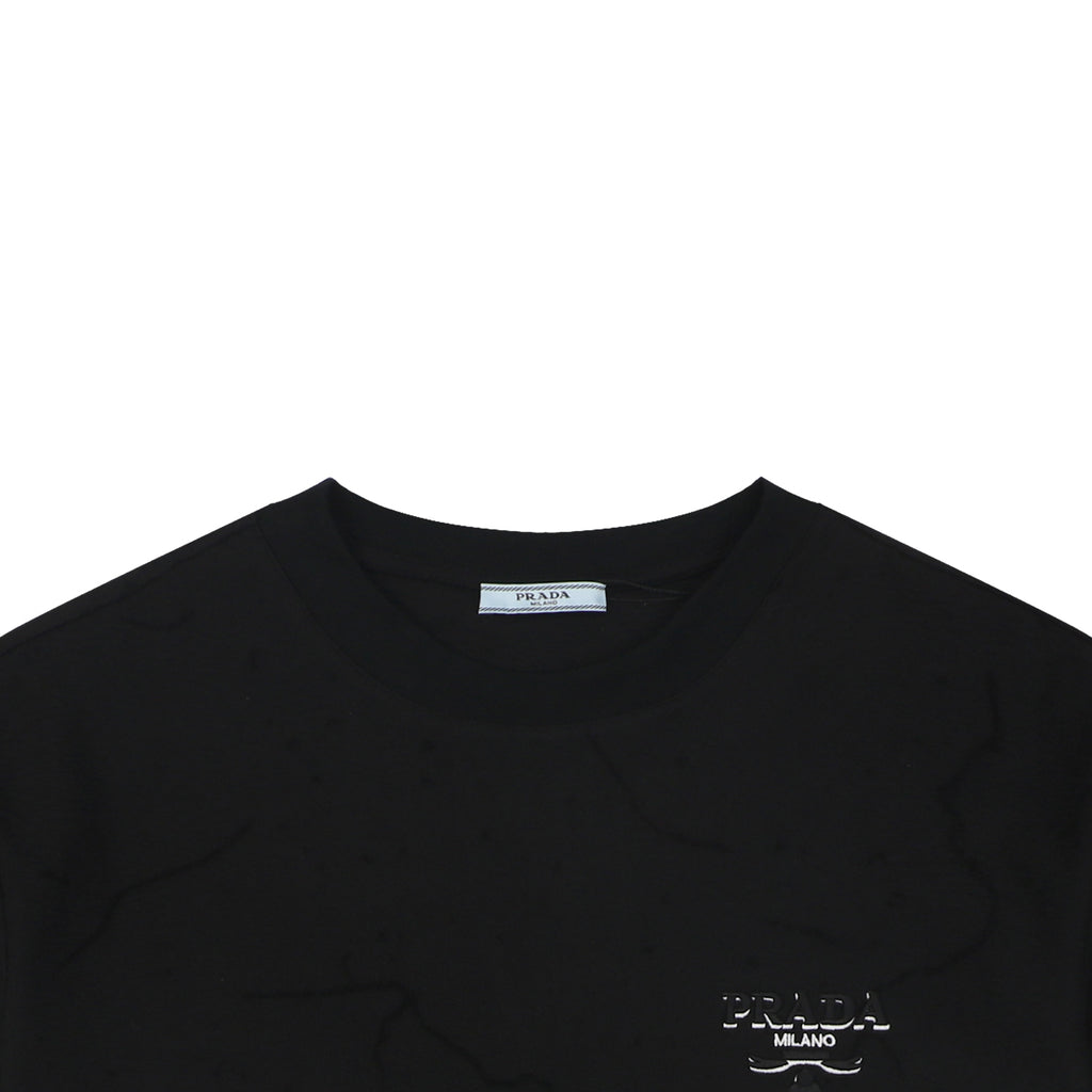 Prada Shadow Logo Triangle Badge Embroidered Short Sleeve Tee – Black