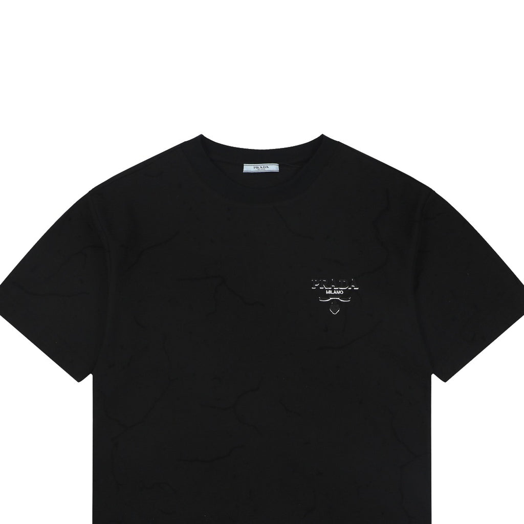 Prada Shadow Logo Triangle Badge Embroidered Short Sleeve Tee – Black