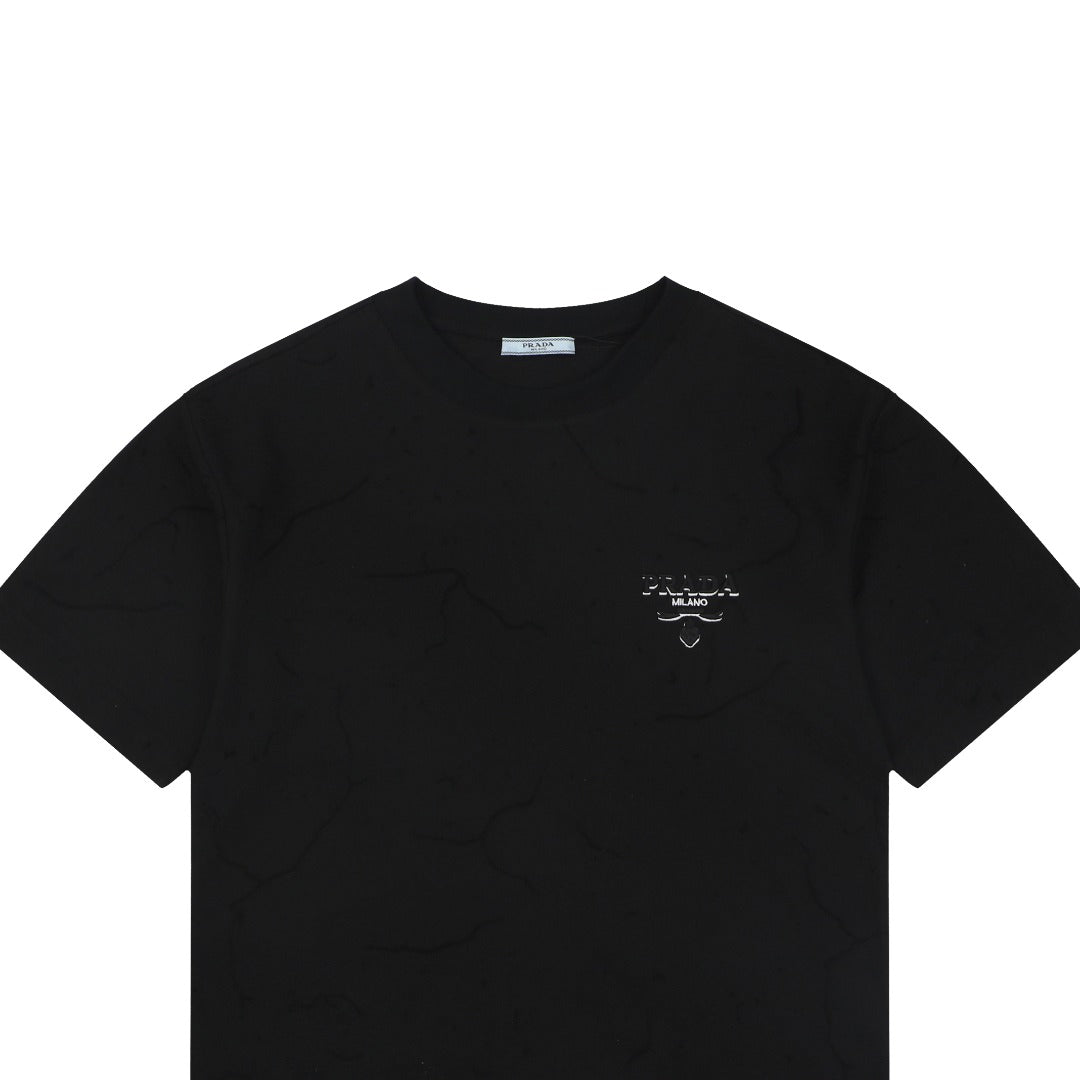 Prada Shadow Logo Triangle Badge Embroidered Short Sleeve Tee – Black