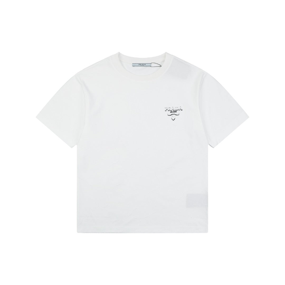 Prada Shadow Logo Milano Badge Embroidered Short Sleeve Tee – White