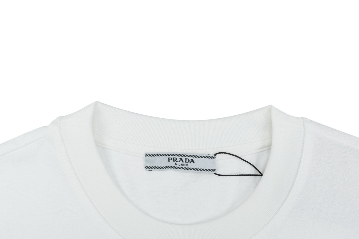 Prada Shadow Logo Milano Badge Embroidered Short Sleeve Tee – White