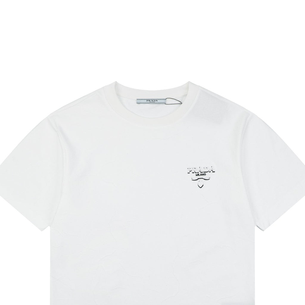 Prada Shadow Logo Milano Badge Embroidered Short Sleeve Tee – White