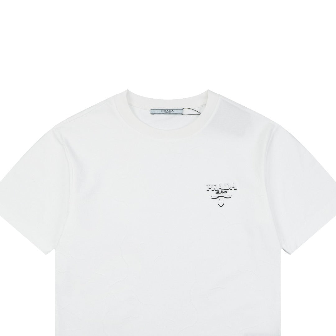 Prada Shadow Logo Milano Badge Embroidered Short Sleeve Tee – White