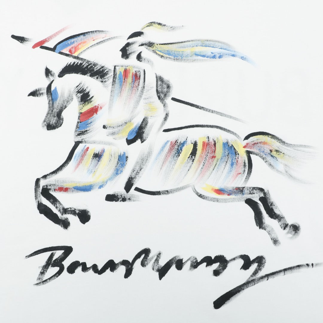 Burberry Graffiti Equestrian Knight Watercolor Print Short Sleeve Tee – White