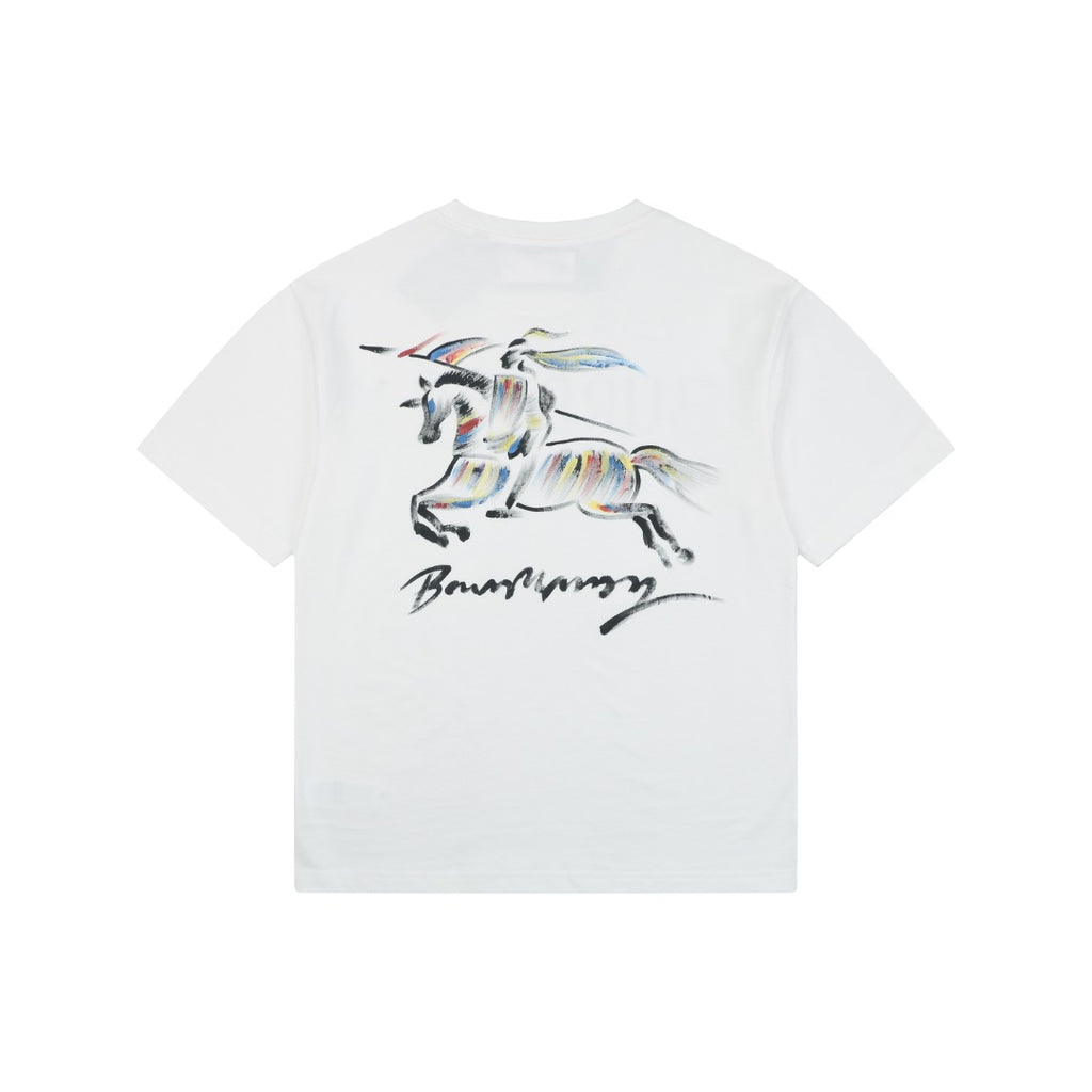 Burberry Graffiti Equestrian Knight Watercolor Print Short Sleeve Tee – White