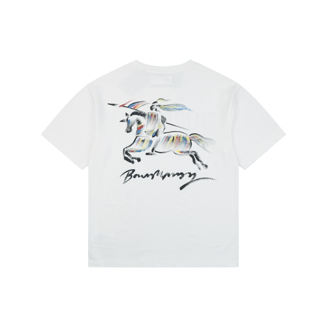 Burberry Graffiti Equestrian Knight Watercolor Print Short Sleeve Tee – White