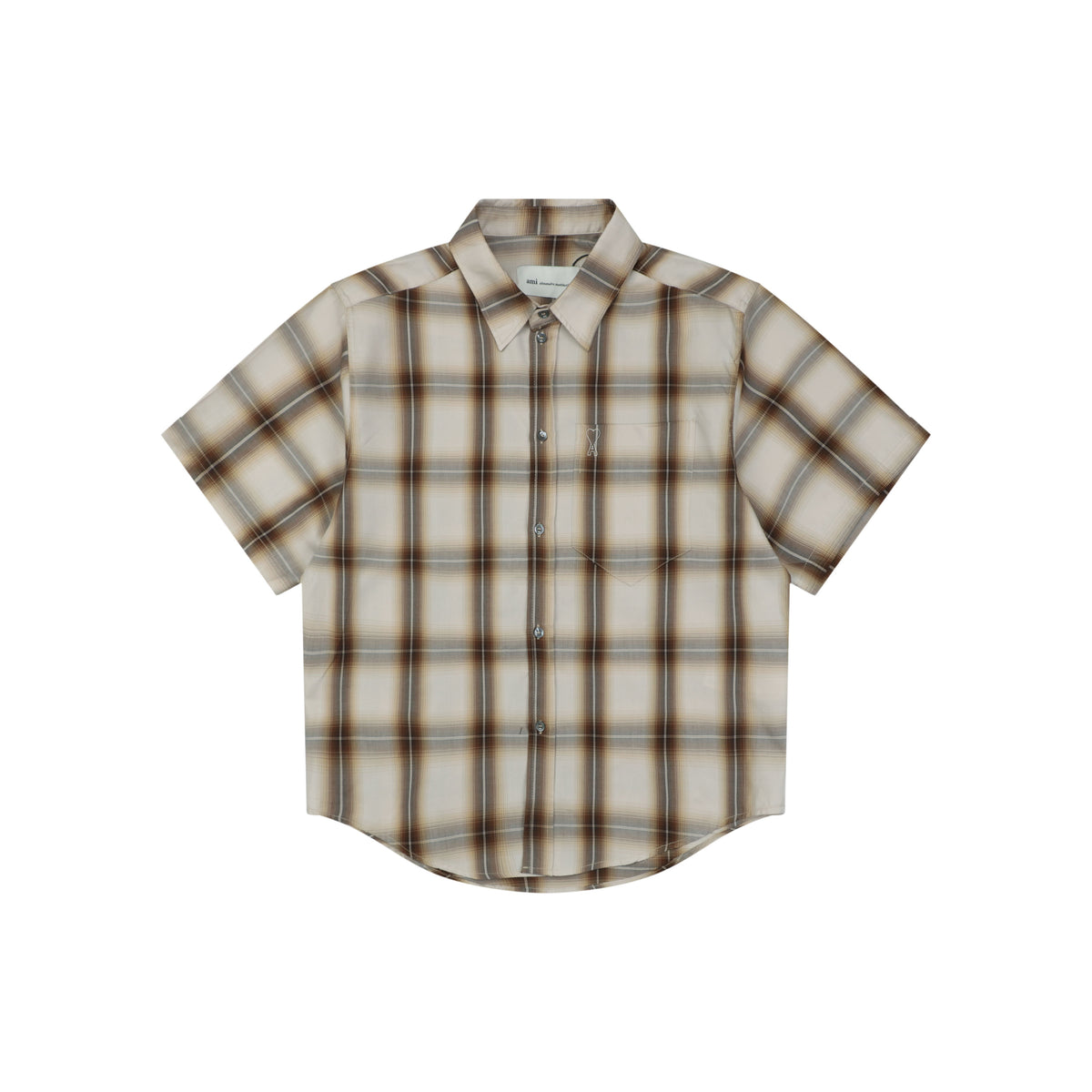 AMI Paris Heart Logo Brown Plaid Short Sleeve Shirt